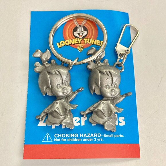 Vintage Pebbles Flintstone Zipper Pull Keychain Set Warner Bros Purse Bag Charm - Picture 6 of 8